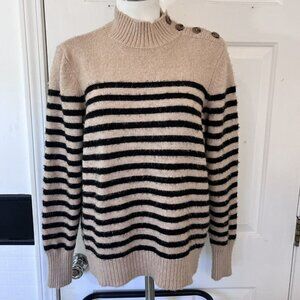 Chaps Womens L Sweater  Black & Beige Striped Mock Neck Button Shoulder Soft Tan